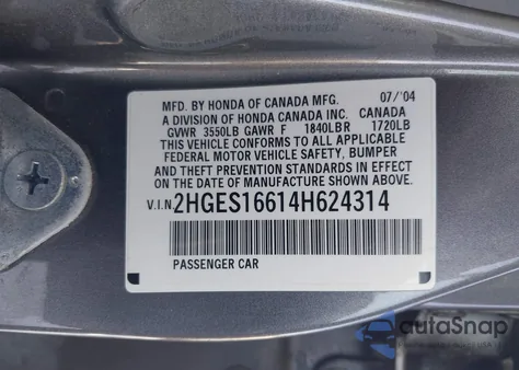 2004 Honda Civic Lx из США, поврежденный, VIN 2HGES16614H624314